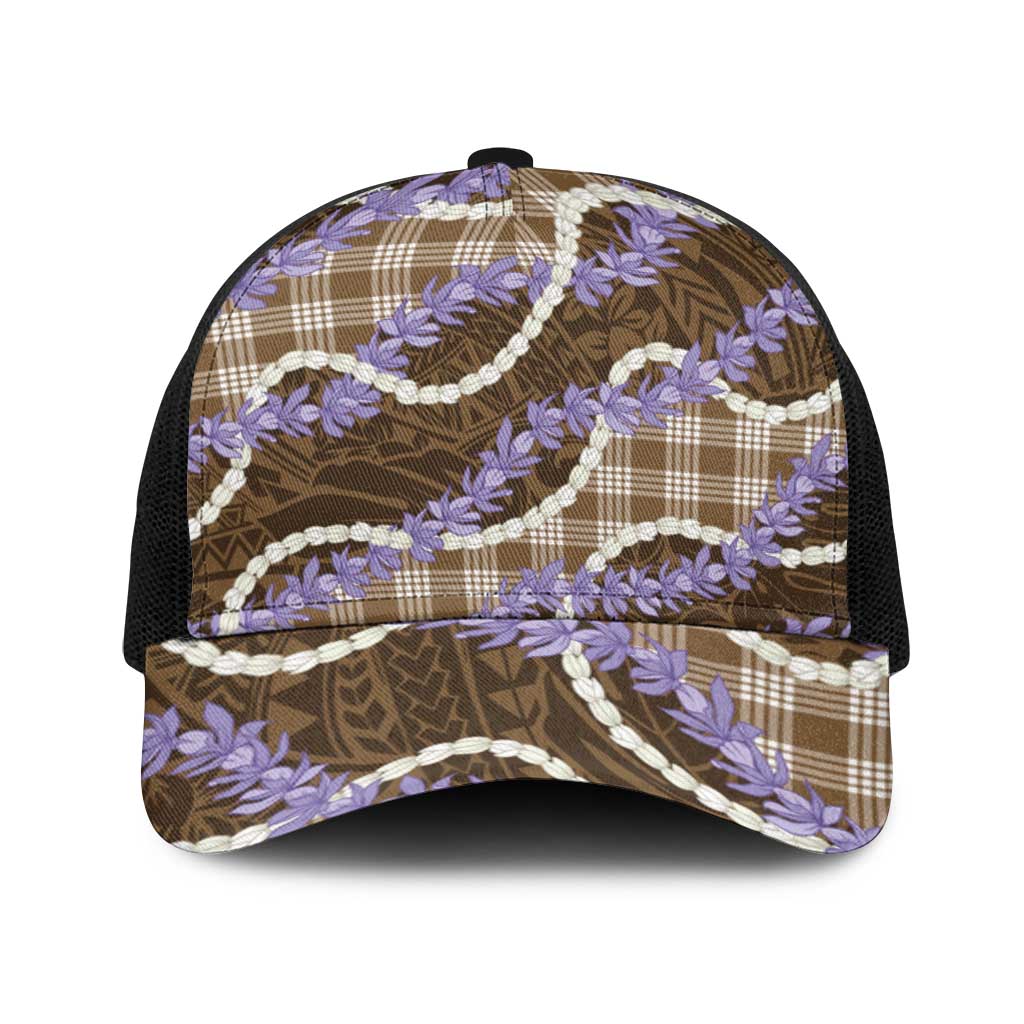 Brown Hawaii Palaka Honohono Pikake Baseball Net Cap Hawaiian Orchid Lei Polynesian Pattern - Polynesian Pride