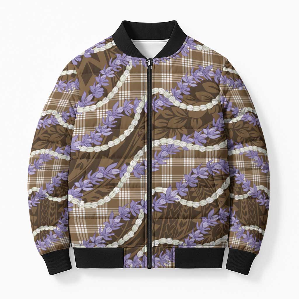 Brown Hawaii Palaka Honohono Pikake Bomber Puffer Jacket Hawaiian Orchid Lei Polynesian Pattern - Polynesian Pride