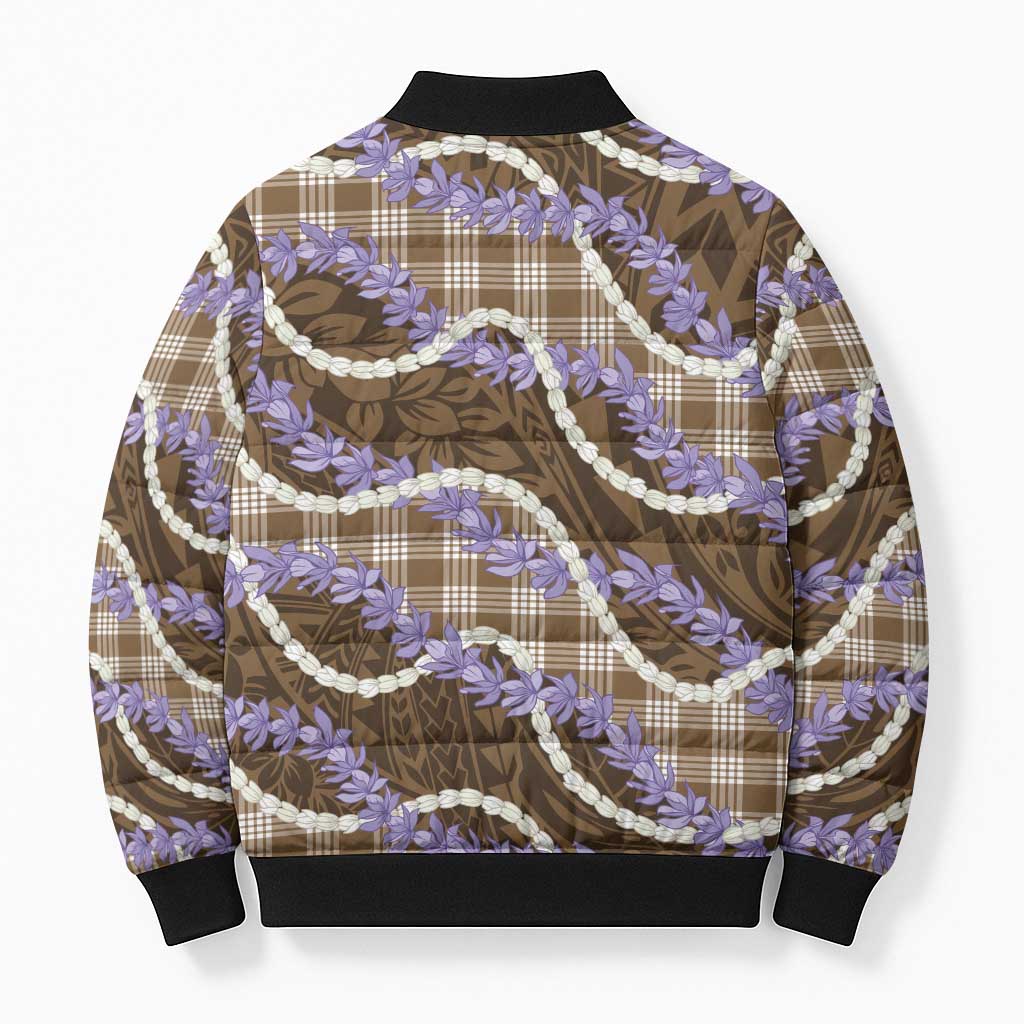 Brown Hawaii Palaka Honohono Pikake Bomber Puffer Jacket Hawaiian Orchid Lei Polynesian Pattern - Polynesian Pride