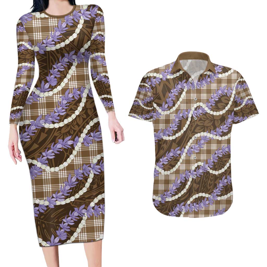 Brown Hawaii Palaka Honohono Pikake Couples Matching Long Sleeve Bodycon Dress and Hawaiian Shirt Hawaiian Orchid Lei Polynesian Pattern - Polynesian Pride