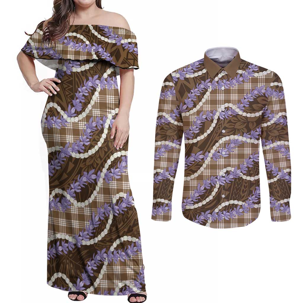 Brown Hawaii Palaka Honohono Pikake Couples Matching Off Shoulder Maxi Dress and Long Sleeve Button Shirt Hawaiian Orchid Lei Polynesian Pattern - Polynesian Pride