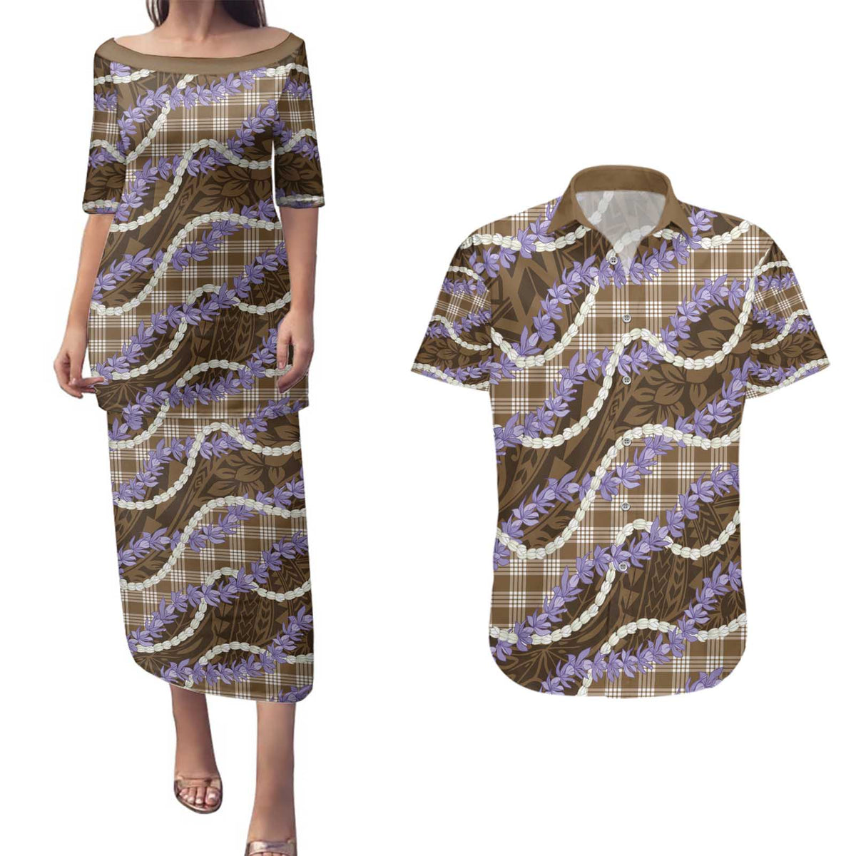 Brown Hawaii Palaka Honohono Pikake Couples Matching Puletasi and Hawaiian Shirt Hawaiian Orchid Lei Polynesian Pattern - Polynesian Pride