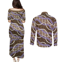 Brown Hawaii Palaka Honohono Pikake Couples Matching Puletasi and Long Sleeve Button Shirt Hawaiian Orchid Lei Polynesian Pattern - Polynesian Pride