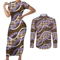 Brown Hawaii Palaka Honohono Pikake Couples Matching Short Sleeve Bodycon Dress and Long Sleeve Button Shirt Hawaiian Orchid Lei Polynesian Pattern - Polynesian Pride
