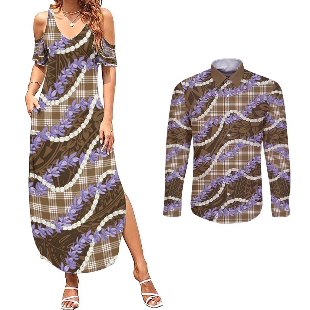 Brown Hawaii Palaka Honohono Pikake Couples Matching Summer Maxi Dress and Long Sleeve Button Shirt Hawaiian Orchid Lei Polynesian Pattern - Polynesian Pride