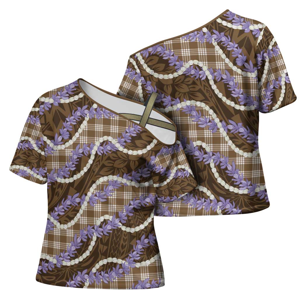 Brown Hawaii Palaka Honohono Pikake Cross Shoulder Shirt Hawaiian Orchid Lei Polynesian Pattern - Polynesian Pride