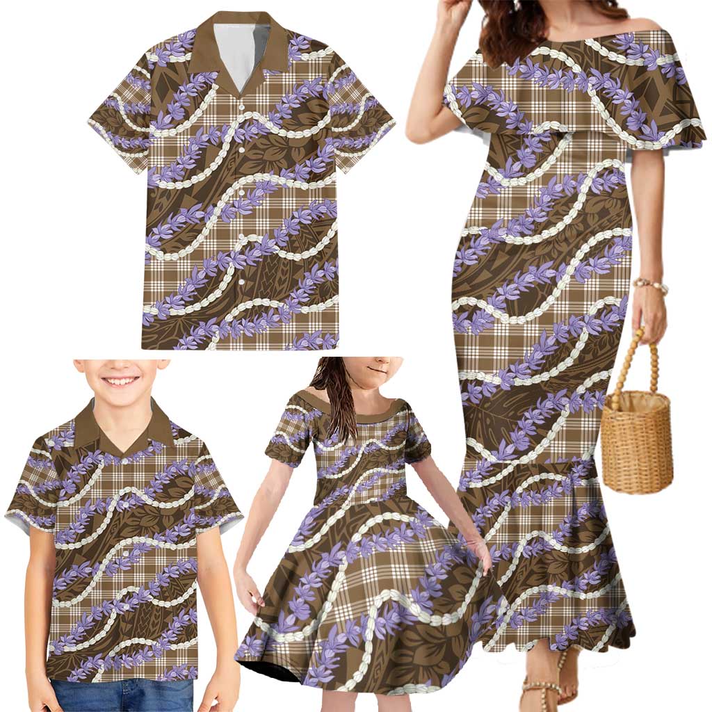 Brown Hawaii Palaka Honohono Pikake Family Matching Mermaid Dress and Hawaiian Shirt Hawaiian Orchid Lei Polynesian Pattern - Polynesian Pride