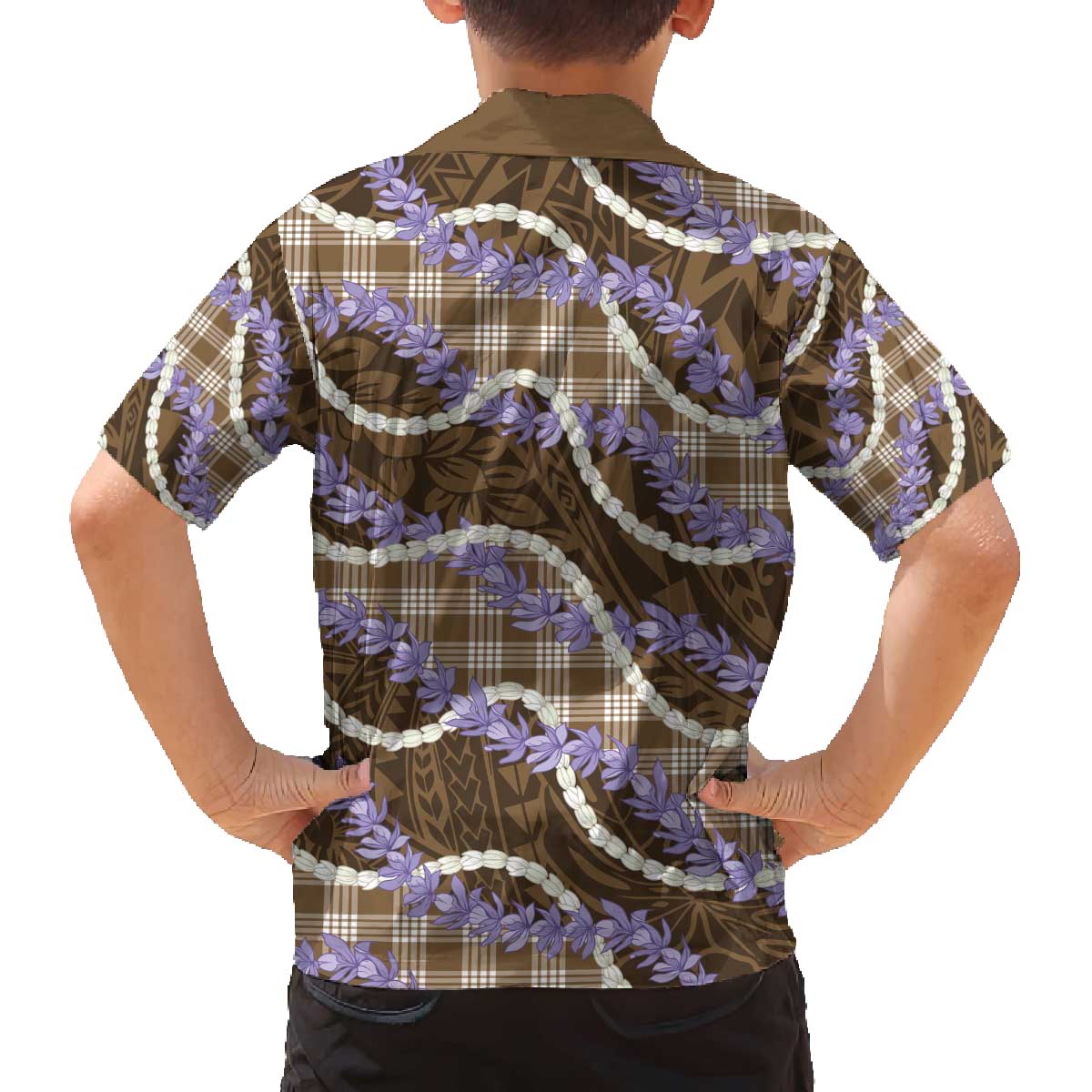 Brown Hawaii Palaka Honohono Pikake Family Matching Off The Shoulder Long Sleeve Dress and Hawaiian Shirt Hawaiian Orchid Lei Polynesian Pattern - Polynesian Pride