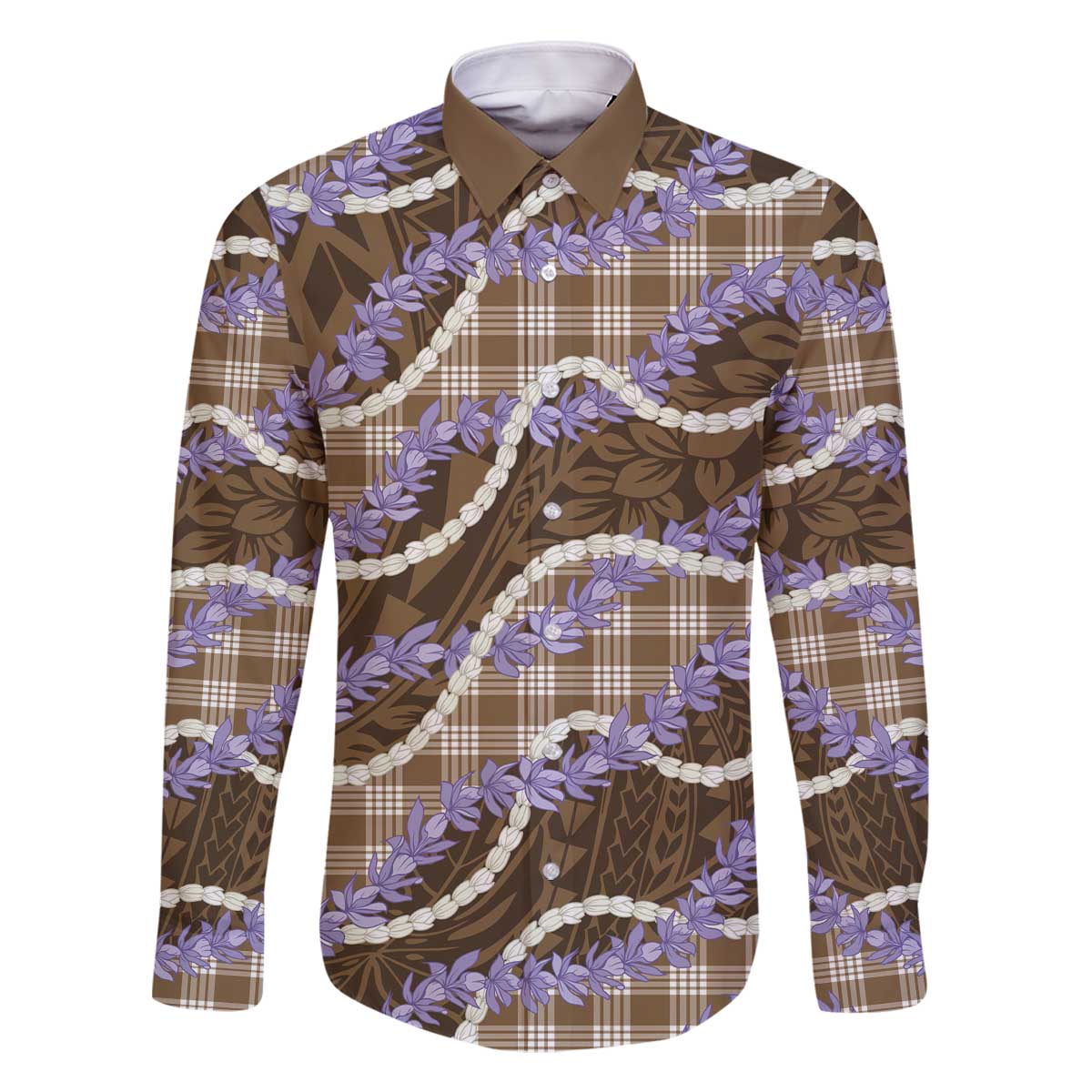 Brown Hawaii Palaka Honohono Pikake Family Matching Off The Shoulder Long Sleeve Dress and Hawaiian Shirt Hawaiian Orchid Lei Polynesian Pattern - Polynesian Pride