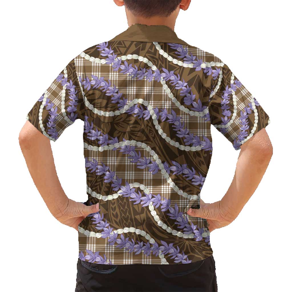 Brown Hawaii Palaka Honohono Pikake Family Matching Off Shoulder Short Dress and Hawaiian Shirt Hawaiian Orchid Lei Polynesian Pattern - Polynesian Pride