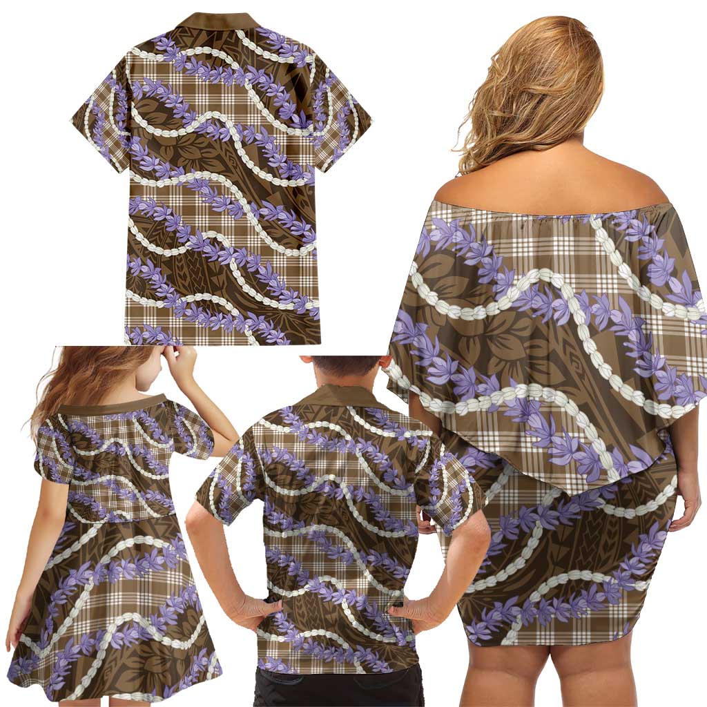 Brown Hawaii Palaka Honohono Pikake Family Matching Off Shoulder Short Dress and Hawaiian Shirt Hawaiian Orchid Lei Polynesian Pattern - Polynesian Pride