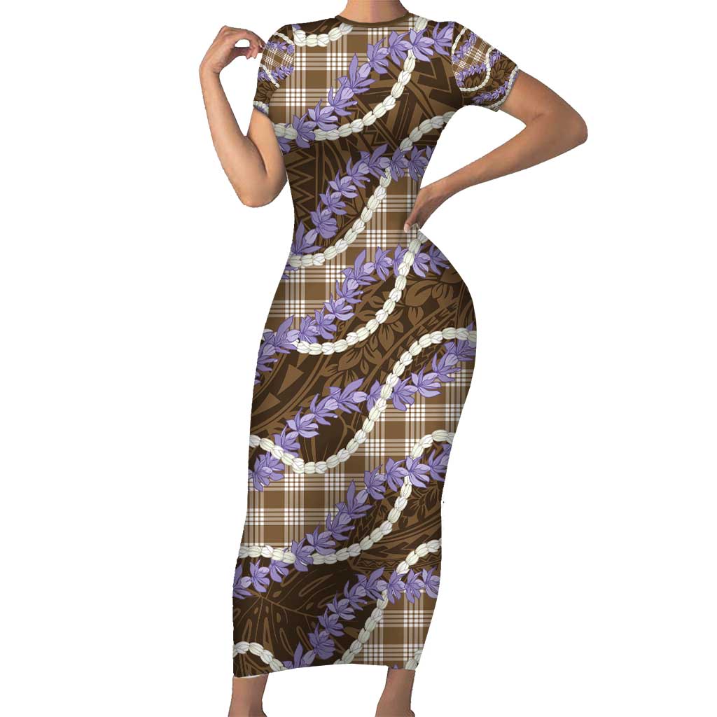 Brown Hawaii Palaka Honohono Pikake Family Matching Short Sleeve Bodycon Dress and Hawaiian Shirt Hawaiian Orchid Lei Polynesian Pattern - Polynesian Pride