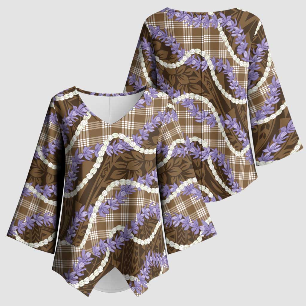 Brown Hawaii Palaka Honohono Pikake Kimono Sleeve Blouse Hawaiian Orchid Lei Polynesian Pattern - Polynesian Pride