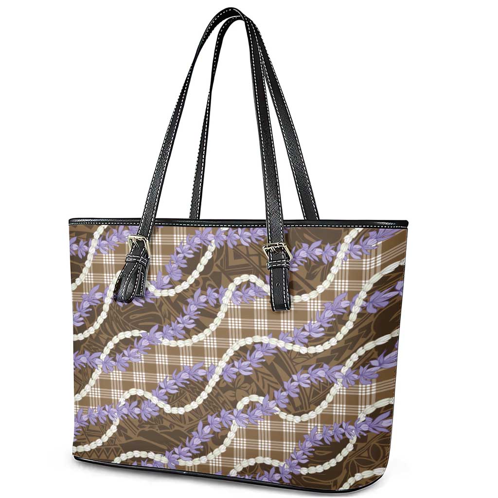Brown Hawaii Palaka Honohono Pikake Leather Tote Bag Hawaiian Orchid Lei Polynesian Pattern - Polynesian Pride