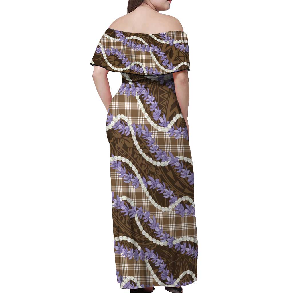 Brown Hawaii Palaka Honohono Pikake Off Shoulder Maxi Dress Hawaiian Orchid Lei Polynesian Pattern - Polynesian Pride