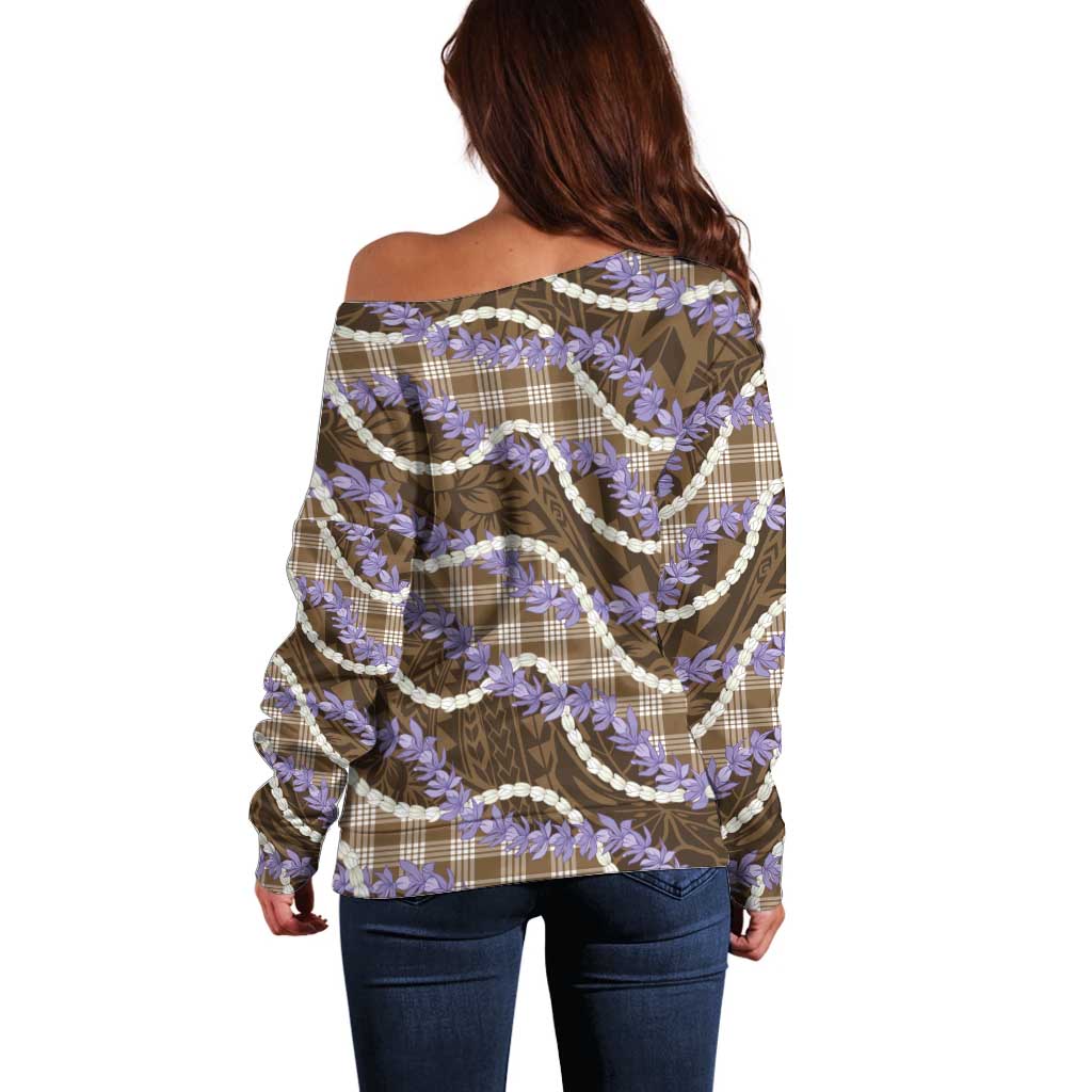Brown Hawaii Palaka Honohono Pikake Off Shoulder Sweater Hawaiian Orchid Lei Polynesian Pattern - Polynesian Pride