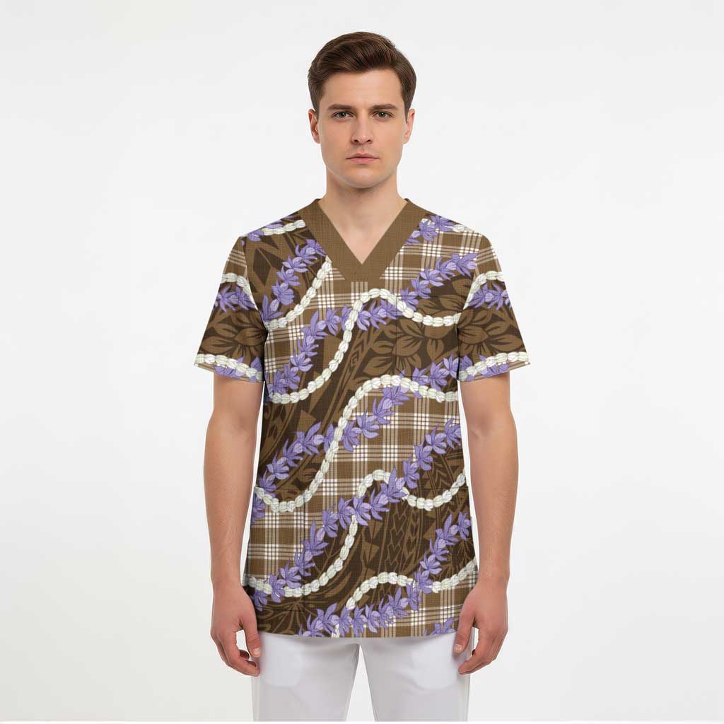 Brown Hawaii Palaka Honohono Pikake Scrub Top Hawaiian Orchid Lei Polynesian Pattern - Polynesian Pride