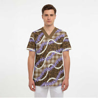 Brown Hawaii Palaka Honohono Pikake Scrub Top Hawaiian Orchid Lei Polynesian Pattern - Polynesian Pride