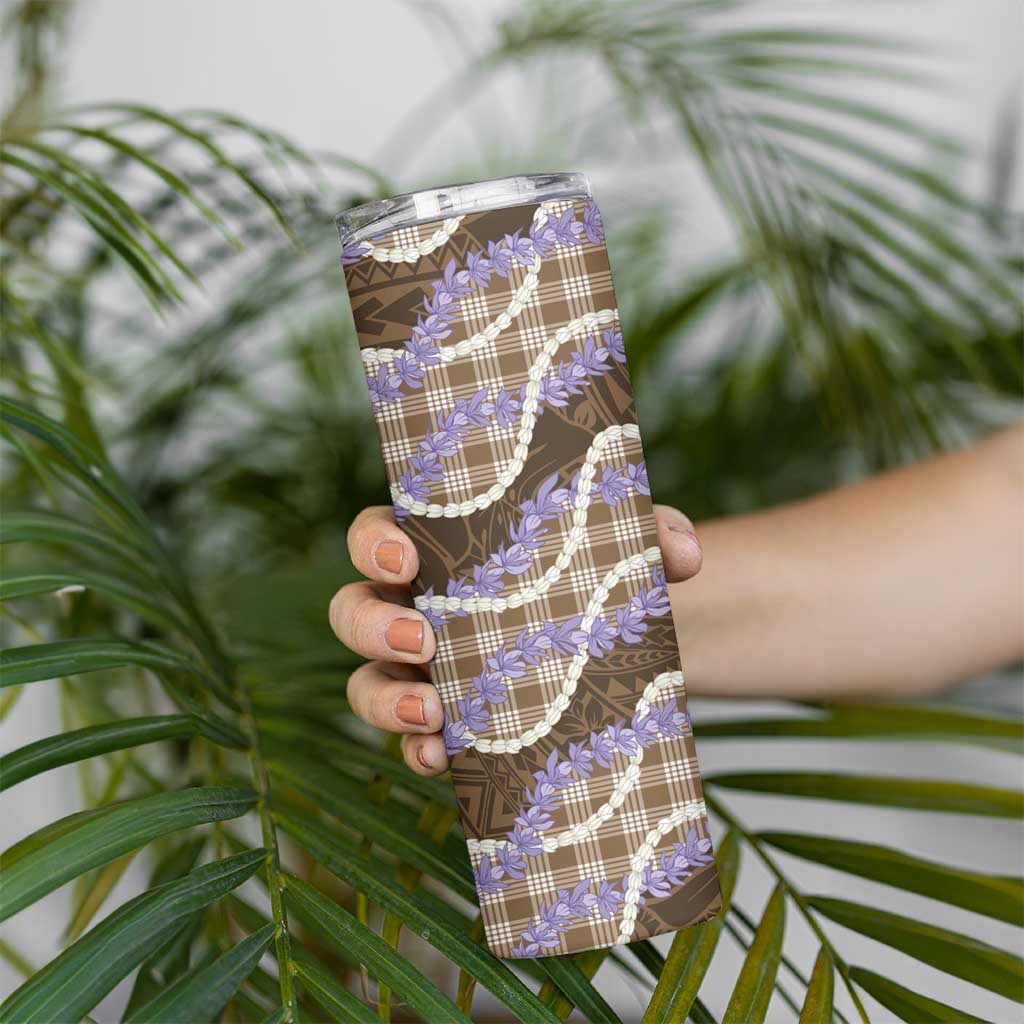 Brown Hawaii Palaka Honohono Pikake Skinny Tumbler Hawaiian Orchid Lei Polynesian Pattern - Polynesian Pride