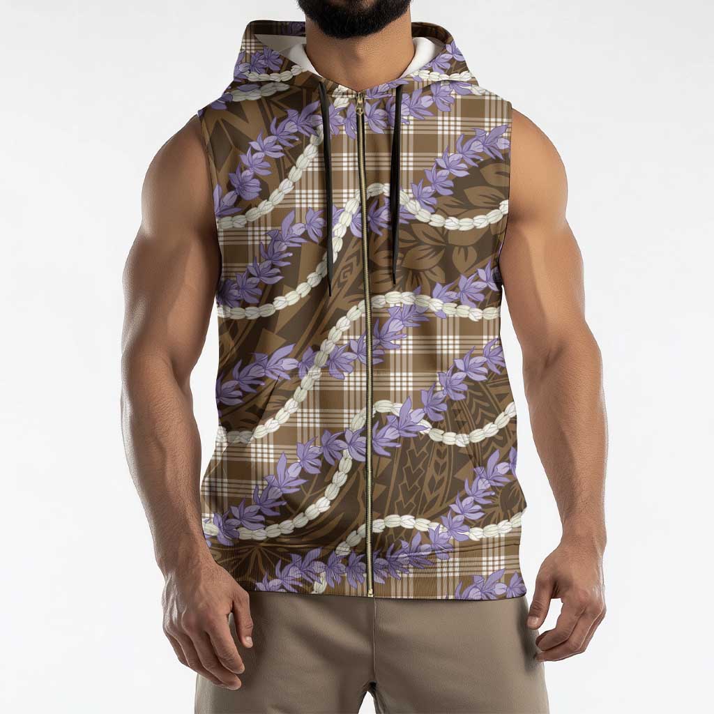 Brown Hawaii Palaka Honohono Pikake Sleeveless Zip Hoodie Hawaiian Orchid Lei Polynesian Pattern - Polynesian Pride