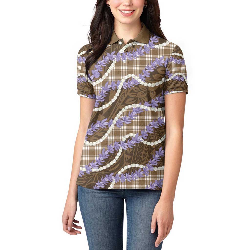 Brown Hawaii Palaka Honohono Pikake Women Polo Shirt Hawaiian Orchid Lei Polynesian Pattern - Polynesian Pride