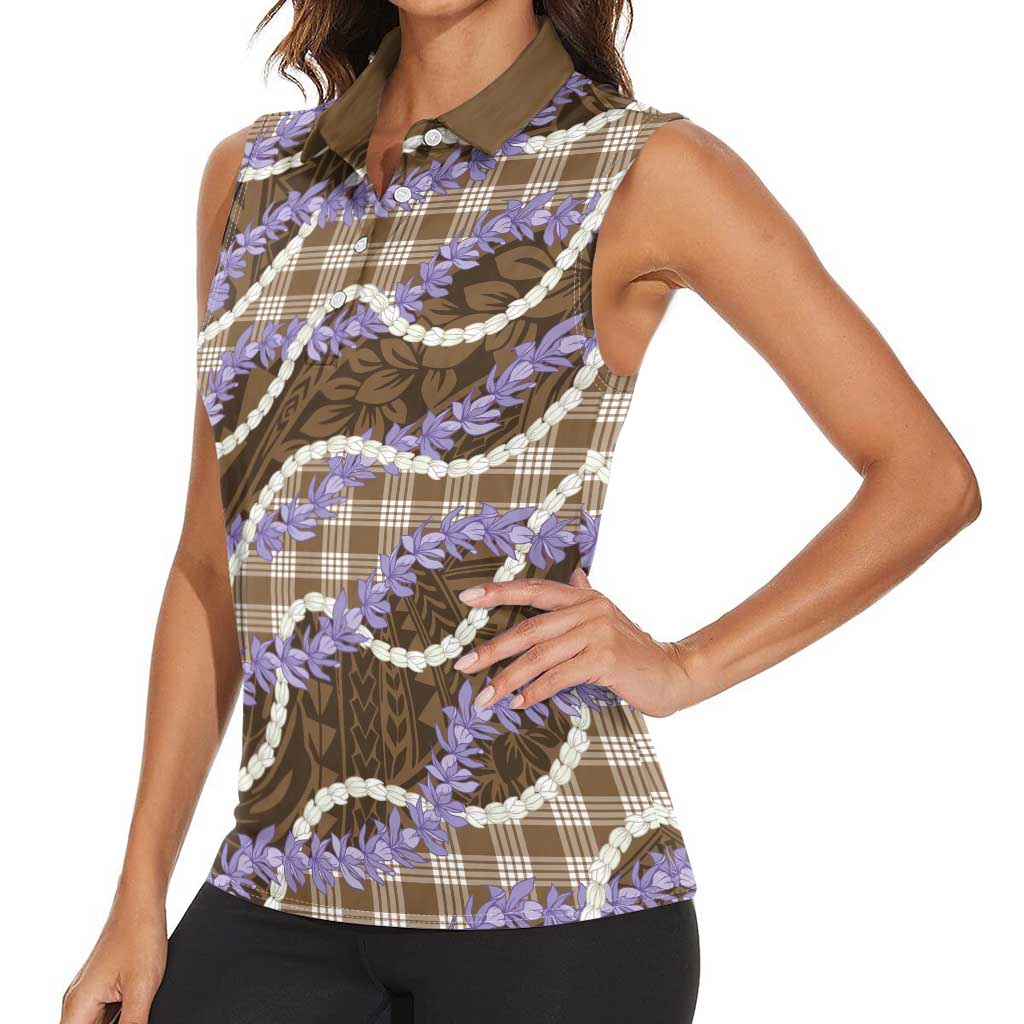 Brown Hawaii Palaka Honohono Pikake Women Sleeveless Polo Shirt Hawaiian Orchid Lei Polynesian Pattern - Polynesian Pride