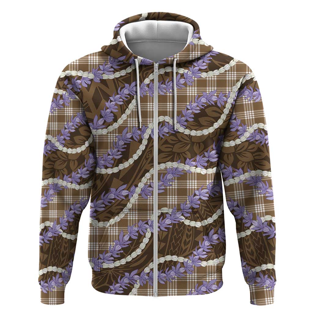 Brown Hawaii Palaka Honohono Pikake Zip Hoodie Hawaiian Orchid Lei Polynesian Pattern - Polynesian Pride