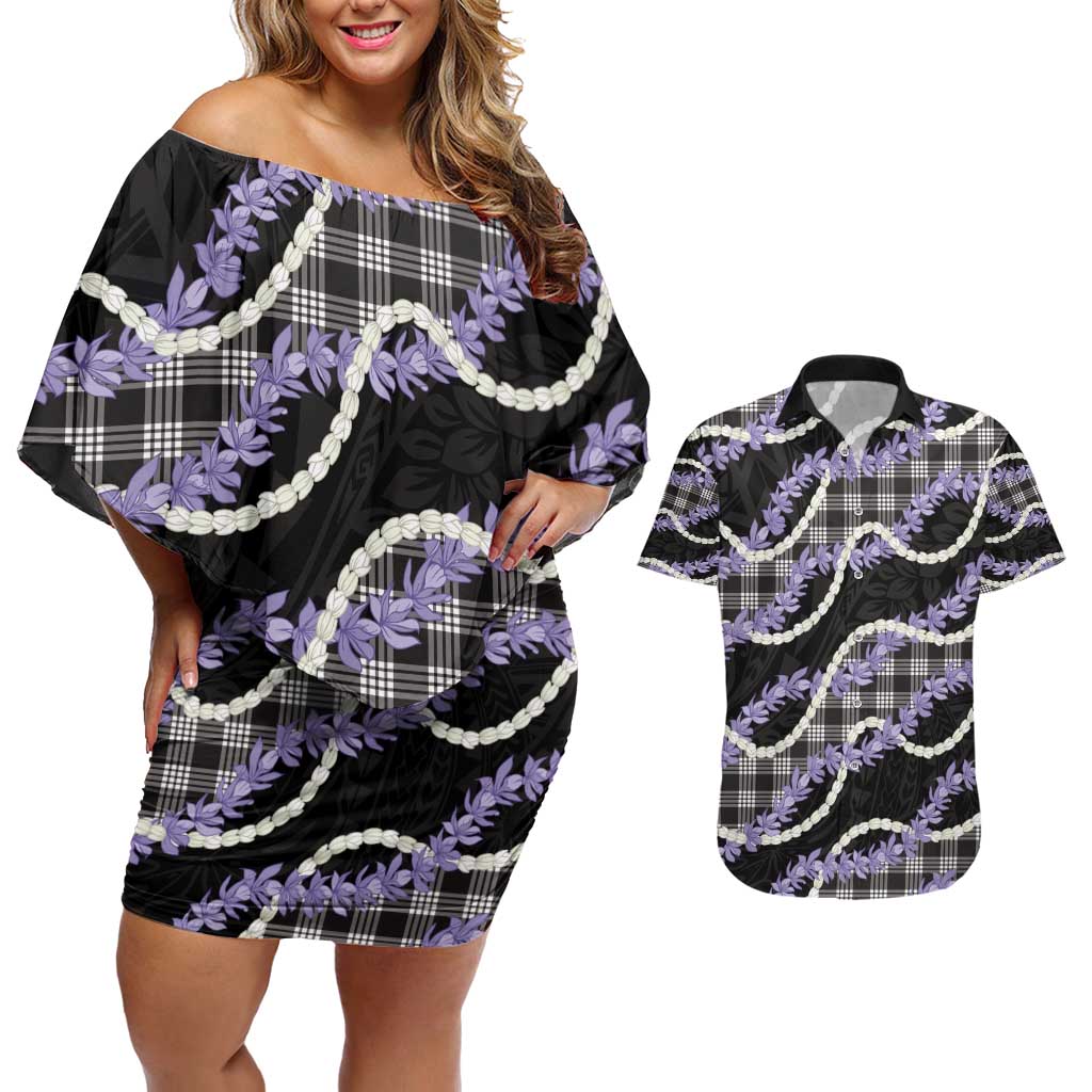 Black Hawaii Palaka Honohono Pikake Couples Matching Off Shoulder Short Dress and Hawaiian Shirt Hawaiian Orchid Lei Polynesian Pattern - Polynesian Pride