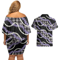 Black Hawaii Palaka Honohono Pikake Couples Matching Off Shoulder Short Dress and Hawaiian Shirt Hawaiian Orchid Lei Polynesian Pattern - Polynesian Pride