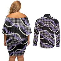 Black Hawaii Palaka Honohono Pikake Couples Matching Off Shoulder Short Dress and Long Sleeve Button Shirt Hawaiian Orchid Lei Polynesian Pattern - Polynesian Pride