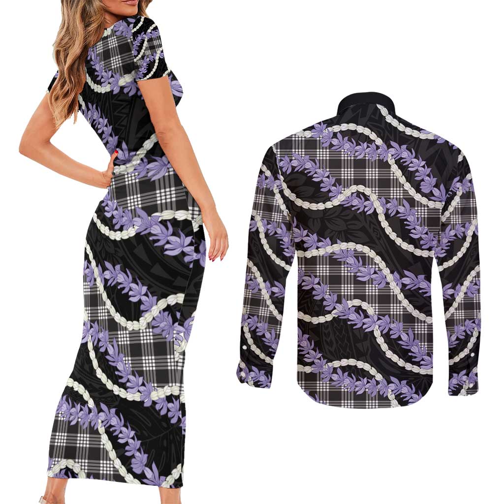 Black Hawaii Palaka Honohono Pikake Couples Matching Short Sleeve Bodycon Dress and Long Sleeve Button Shirt Hawaiian Orchid Lei Polynesian Pattern - Polynesian Pride