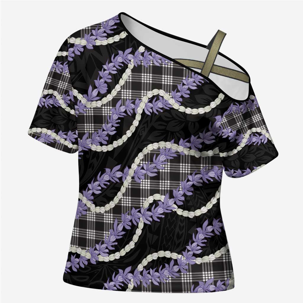 Black Hawaii Palaka Honohono Pikake Cross Shoulder Shirt Hawaiian Orchid Lei Polynesian Pattern - Polynesian Pride