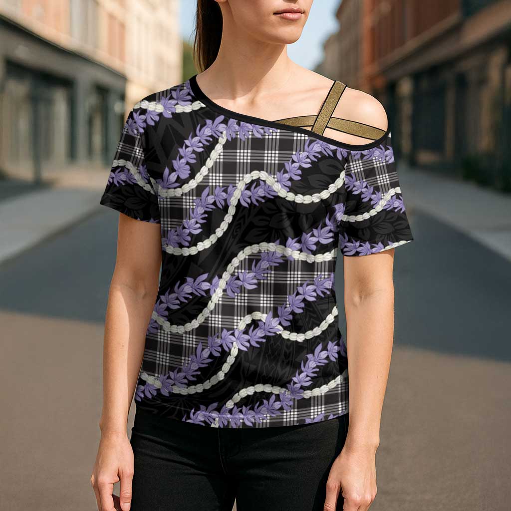 Black Hawaii Palaka Honohono Pikake Cross Shoulder Shirt Hawaiian Orchid Lei Polynesian Pattern - Polynesian Pride