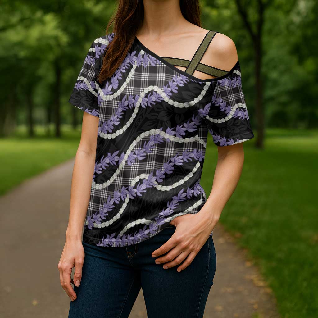 Black Hawaii Palaka Honohono Pikake Cross Shoulder Shirt Hawaiian Orchid Lei Polynesian Pattern - Polynesian Pride