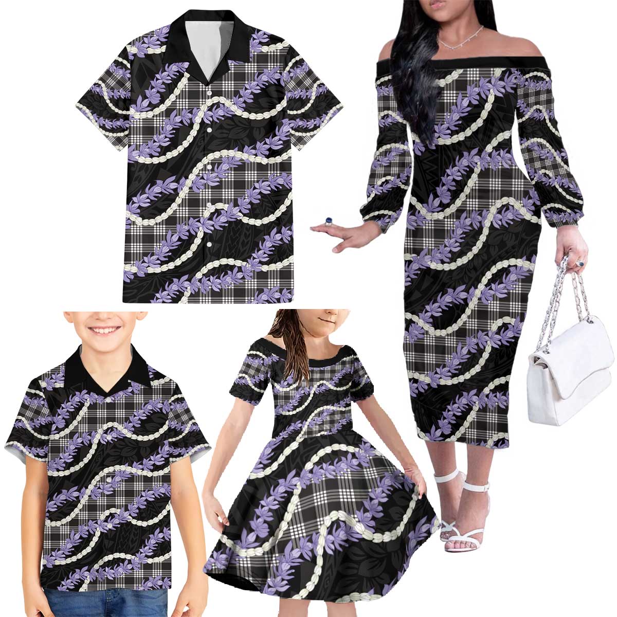 Black Hawaii Palaka Honohono Pikake Family Matching Off The Shoulder Long Sleeve Dress and Hawaiian Shirt Hawaiian Orchid Lei Polynesian Pattern - Polynesian Pride