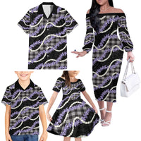 Black Hawaii Palaka Honohono Pikake Family Matching Off The Shoulder Long Sleeve Dress and Hawaiian Shirt Hawaiian Orchid Lei Polynesian Pattern - Polynesian Pride