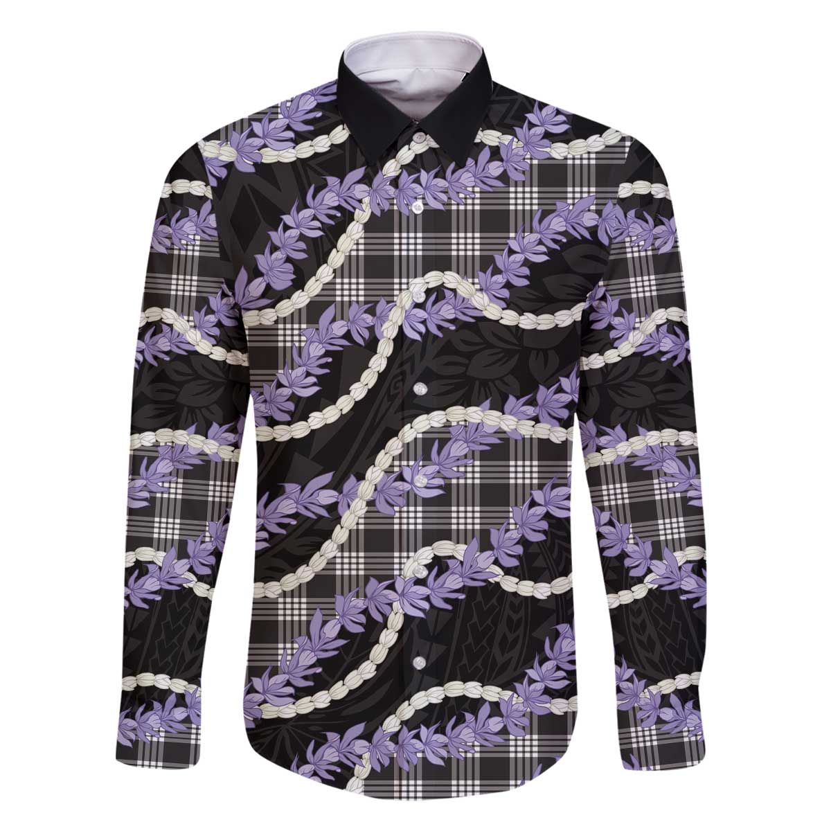 Black Hawaii Palaka Honohono Pikake Family Matching Off The Shoulder Long Sleeve Dress and Hawaiian Shirt Hawaiian Orchid Lei Polynesian Pattern - Polynesian Pride