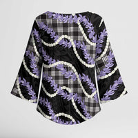 Black Hawaii Palaka Honohono Pikake Kimono Sleeve Blouse Hawaiian Orchid Lei Polynesian Pattern - Polynesian Pride