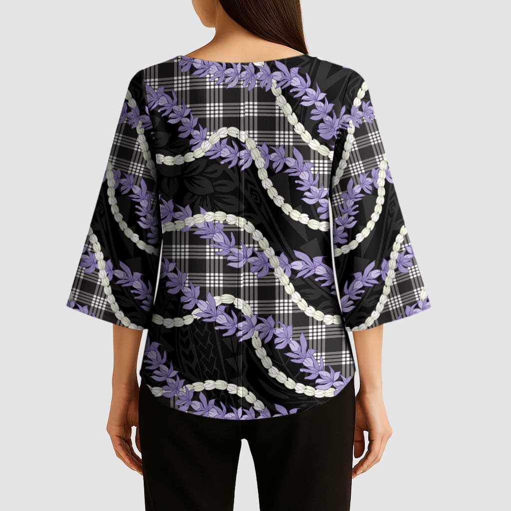Black Hawaii Palaka Honohono Pikake Kimono Sleeve Blouse Hawaiian Orchid Lei Polynesian Pattern - Polynesian Pride