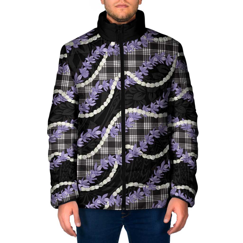 Black Hawaii Palaka Honohono Pikake Padded Jacket Hawaiian Orchid Lei Polynesian Pattern - Polynesian Pride