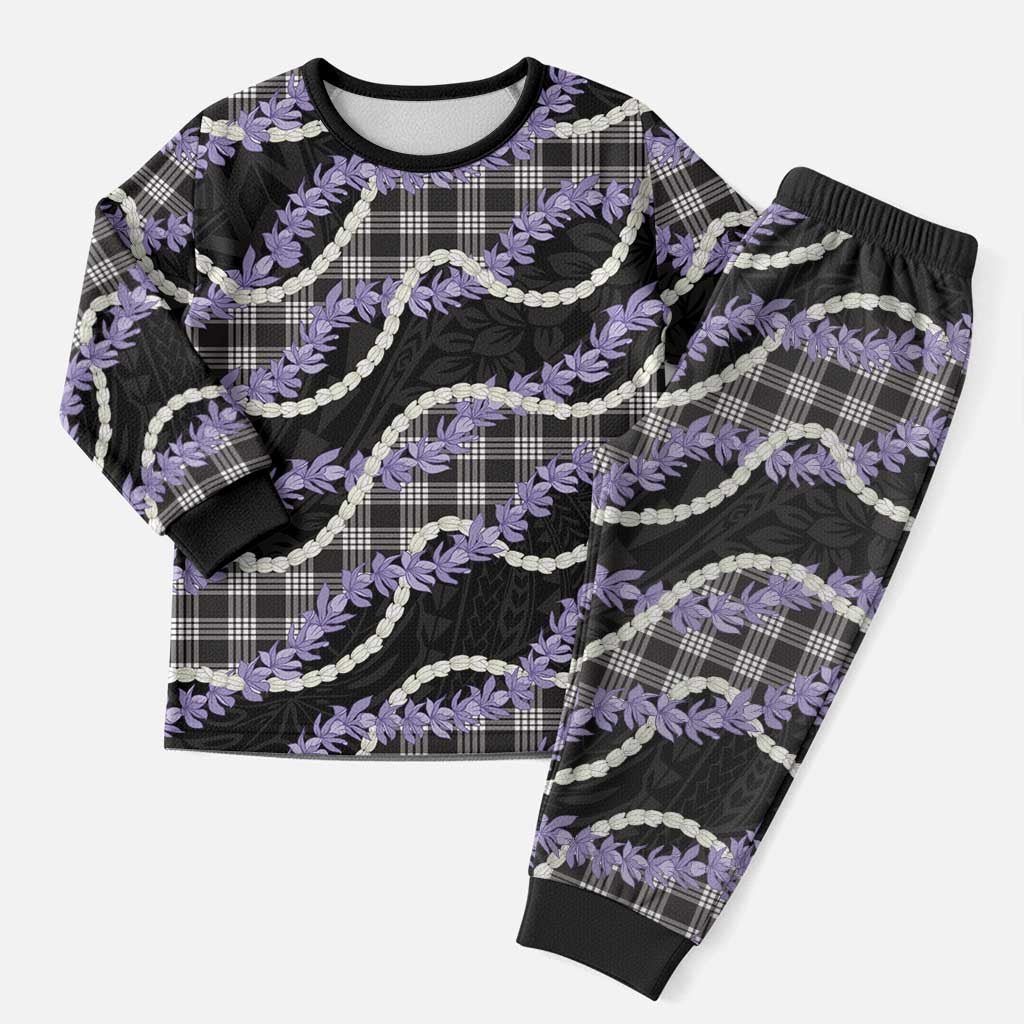 Black Hawaii Palaka Honohono Pikake Christmas Pajama Set Hawaiian Orchid Lei Polynesian Pattern - Polynesian Pride