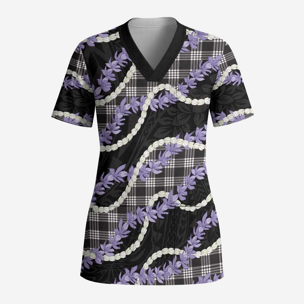 Black Hawaii Palaka Honohono Pikake Scrub Top Hawaiian Orchid Lei Polynesian Pattern - Polynesian Pride