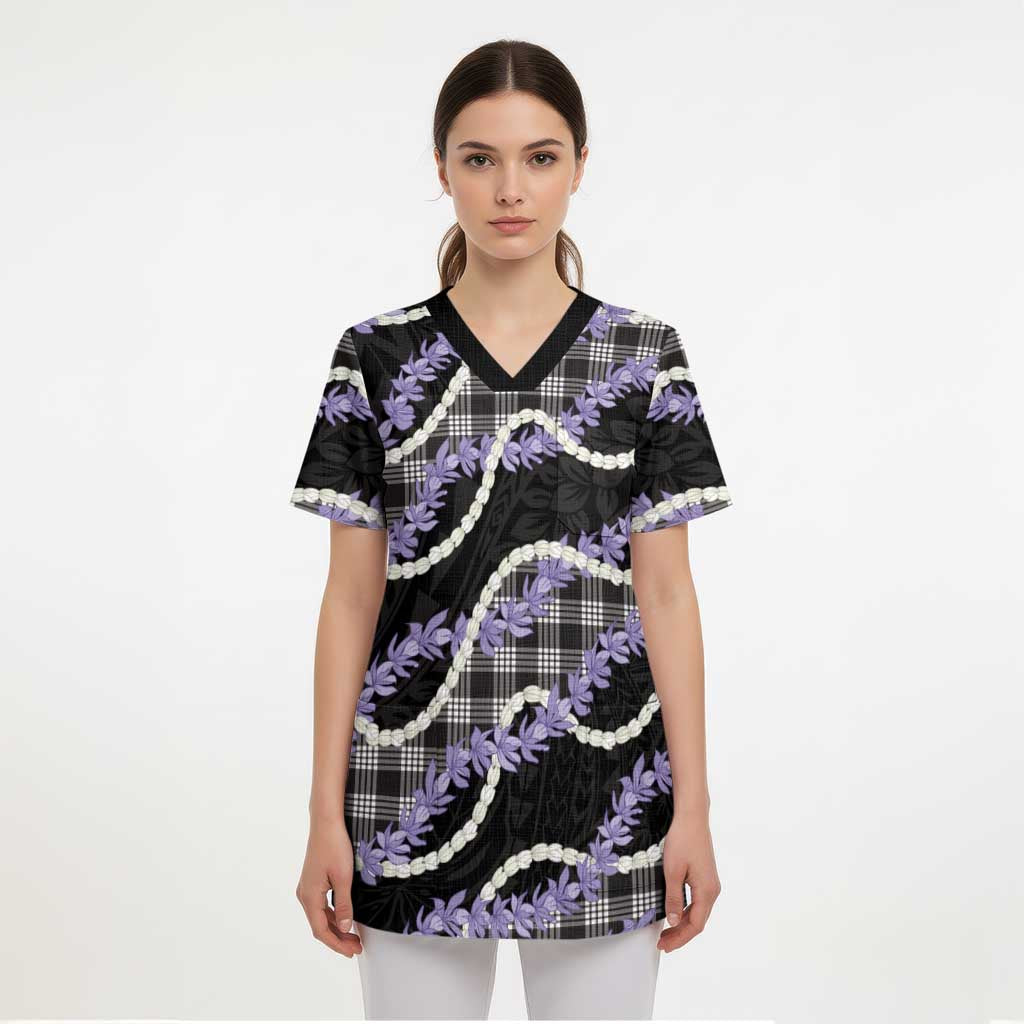 Black Hawaii Palaka Honohono Pikake Scrub Top Hawaiian Orchid Lei Polynesian Pattern - Polynesian Pride