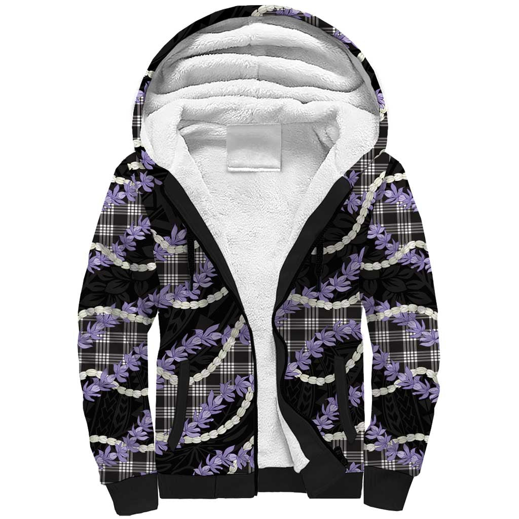 Black Hawaii Palaka Honohono Pikake Sherpa Hoodie Hawaiian Orchid Lei Polynesian Pattern - Polynesian Pride