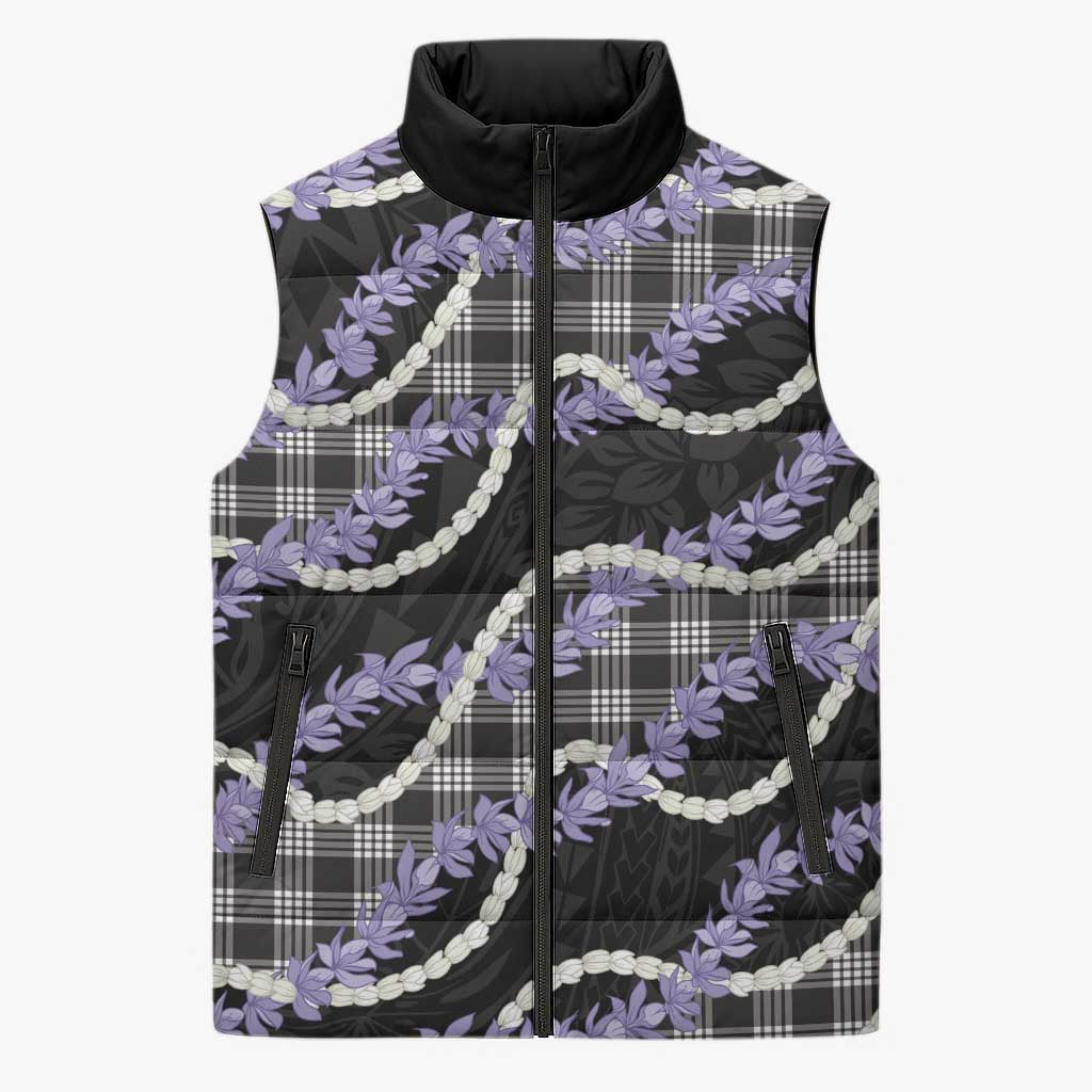 Black Hawaii Palaka Honohono Pikake Sleeveless Puffer Jacket Hawaiian Orchid Lei Polynesian Pattern - Polynesian Pride