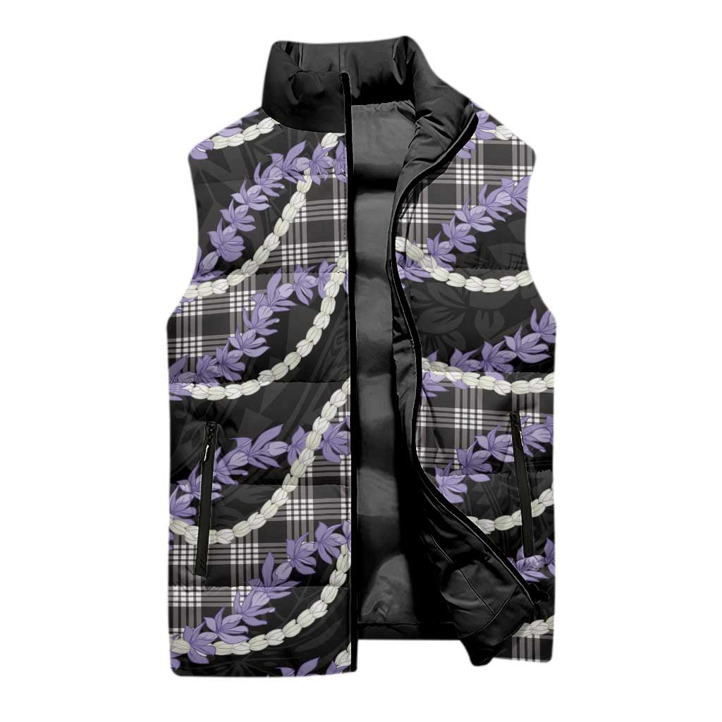Black Hawaii Palaka Honohono Pikake Sleeveless Puffer Jacket Hawaiian Orchid Lei Polynesian Pattern - Polynesian Pride