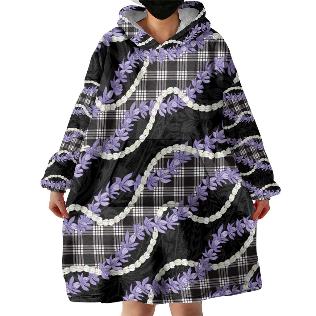 Black Hawaii Palaka Honohono Pikake Wearable Blanket Hoodie Hawaiian Orchid Lei Polynesian Pattern - Polynesian Pride