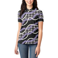 Black Hawaii Palaka Honohono Pikake Women Polo Shirt Hawaiian Orchid Lei Polynesian Pattern - Polynesian Pride
