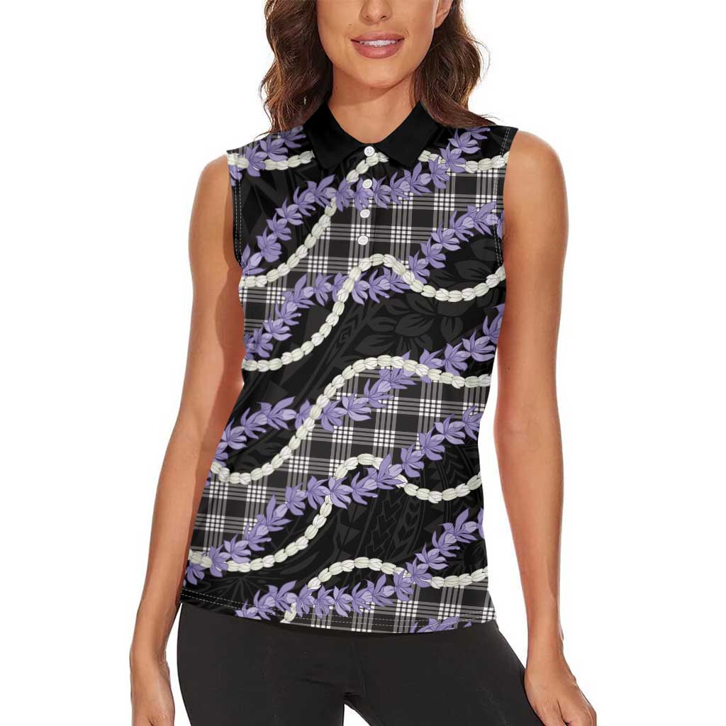 Black Hawaii Palaka Honohono Pikake Women Sleeveless Polo Shirt Hawaiian Orchid Lei Polynesian Pattern - Polynesian Pride