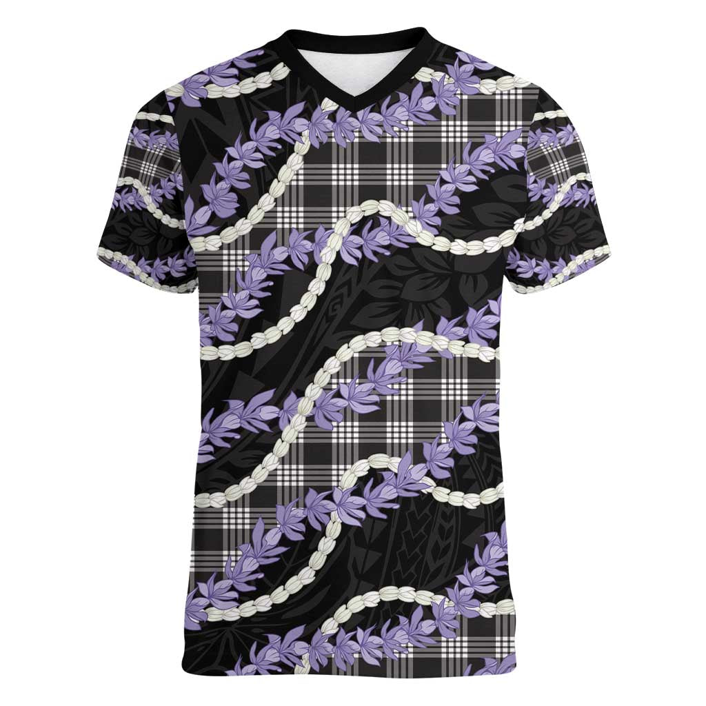 Black Hawaii Palaka Honohono Pikake Women V-Neck T-Shirt Hawaiian Orchid Lei Polynesian Pattern - Polynesian Pride